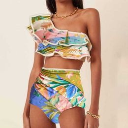 Women's Swimwear The Shoulder Swimwear Ruffled Colorblock Print Bikini Split-joint Two-piece Swimsuits High Waist Biquini Bathing Suit Beach Wear T230303