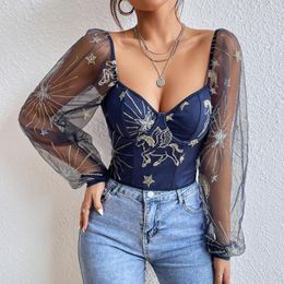 Women's Blouses Churses Sexy Mesh Perspective Long-Sleeved Short Tops Embroidered Pullover Fashion Spicy Girl Blouse Women Slim 2023