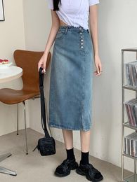 Skirts High Waist Slit Jean Women Korean Fashion Single Breasted Wraps Straight Long Denim Woman Skirt Summer