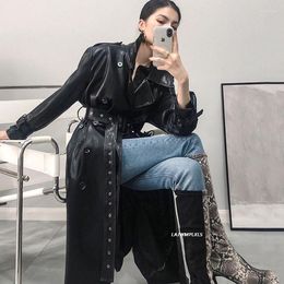 Women's Leather Tie Up Black Gothic Trench Coat For Long Sleeve Single Breasted Women Fashion 2023 Faux Overcoat