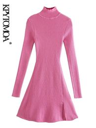 Casual Dresses KPYTOMOA Women Chic Fashion Front Slit Fitted Knit Mini Dress Vintage High Neck Long Sleeve Female Dresses Vestidos Mujer Z0216