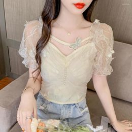 Women's Blouses 2023 Summer Puff Sleeve Off Shoulder Shirts Mesh Lace Bow Tops Sexy Sheer Buttoned Blouse For Women Blusa Mujer Ladies