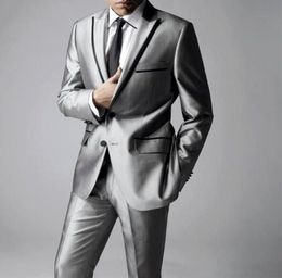 Men's Suits Blazers est Groomsmen Shiny Silver Grey Groom Tuxedos Lapel Men Suits Wedding/Prom Man Blazer JacketPantsTie 230303