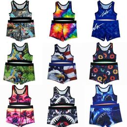 Sexy Womens Swimwear Fashion Yoga Outfits Designer 2 Piece Swimsuits Cartoon Printed Vest And Shorts Sports Fitness Set