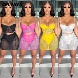 Two Piece Dresses Mesh See Though Womens Tracksuit Midi Shorts Skirts Set With Crop Tops Matching