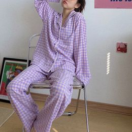 Women's Sleepwear Spring and Summer Ladies Pyjamas Plaid Cardigan Lapel Two-piece Suit Can Be Worn Outside Casual Loose Cute Girls Home Service 230303