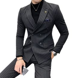 Men's Suits Blazers Jacket Pants High-end Fashion Striped Men's Formal Double-breasted Business Suit Groom Wedding Dress Mens Suit 2 Piece Set 230303