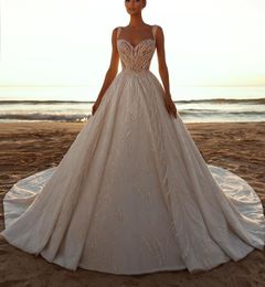 Luxury Ball Gown Wedding Dresses Sleeveless V Neck Straps 3D Lace Sequins Appliques Beaded Ruffles Diamonds Bridal Gowns Plus Size Custom Made Vestido de novia
