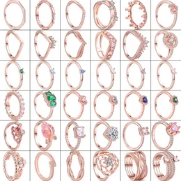 925 Silver Women Fit Pandora Ring Original Heart Crown Fashion Rings Crown Fan Heart Zircon Sparkling Multilayer Rose Gold Round Lucky