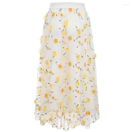 Skirts Yellow 3D Flower Lace Skrit Women High Waist Mesh Elegant Midi Tulle Skirt Sweet Cute Student