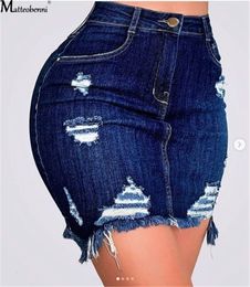 Skirts Autumn Women Fashion Denim Skirt Ripped Hip Distressed High Waist Button Pencil Female Casual Summer Jeans 230303