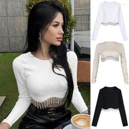 Women's Blouses Xiktop Knitting Elegant Short Shirts Female Clothing Chain Tassel Casual Slim Cropped Bouses For Wmen Fashion 2023 Y2k