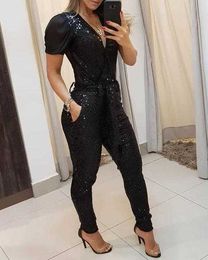 Women's Two Piece Pants 2022 New sexy women's jumpsuit Black Cutout Sequin Suspender Jumpsuit with Belted and Lined T230303