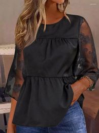 Women's Blouses Elegant 3/4 Sleeve Peplum Top For Women Summer Floral Mesh Three Quarter Chiffon Lounge Tunic Shirts Black 2023