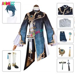 Anime Costumes Anime Game Genshin Impact XingQiu Cosplay Come Xing Qiu Outfit Shoes Earrings Wig Cosplay Halloween Come for Women Girls Z0301