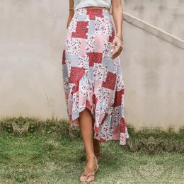 Skirts Floral Print Long Maxi Summer Boho Skirt Women Fashion 2023 Irregular Split Plaid High Waist Sun Wrap A Line Beach Female