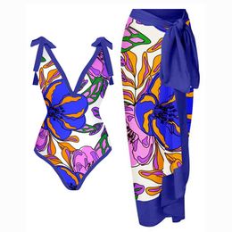 Women's Swimwear Sexy Printed Bikini Set Lace Up Chic One Piece Swimsuit with Cover-ups Backless V-neck Swimwear Swimming Suit Summer Beach Wear T230303