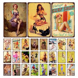 Vintage Metal Painting Surf Shop Pin Up Girl Beach Landscape Metal Plate Art Pictures Tin Signs Home Man Cave Bar Club Decoration Iron Painting 30X20cm W03