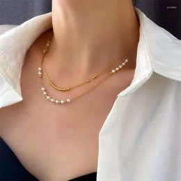 Choker Double Layers Simple Metallic Beads Pearl Necklace For Women Korean Style Titanium Steel Fashion Jewellery Wholesale