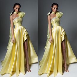 New Yellow Sexy Strapleless Evening Dress A Line Shape Side High Split Fashion Elegant Luxury Prom Party Gowns