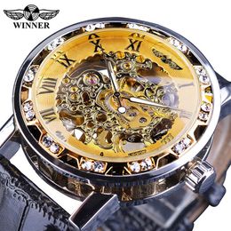 Winner Black Golden Retro Luminous Hands Fashion Diamond Display Mens Mechanical Skeleton Wrist Watches Top Brand Luxury Clock Wat248m