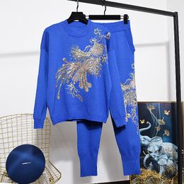Women s Two Piece Pants 2023 Spring Autumn Fashion Phoenix Knitted Sweater Women Long Sleeves Pullover Harem Peice Set Ladies H2186 230302