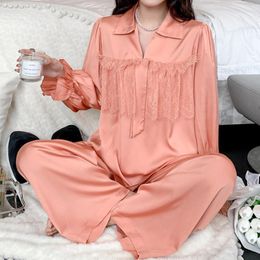 Women's Sleepwear Women Lapel Satin Lace Trim Pyjamas Pour Femme Spring Home Clothes Long Sleeve Nightgown Elastic Waist Loungewear