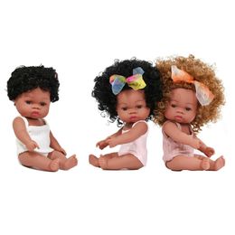 Plush Dolls 33CM American Reborn Black Baby Dolls Bath Play Full Silicone Black Reborn Dolls Summer Dress Baby Africa Doll Toy Girl Kid Gift