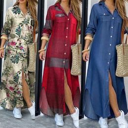 Casual Dresses Summer Autumn Elegant Women Maxi Shirt Dresses Vintage Ladies Singlebreasted Long Sleeve Vestidos Casual Plaid Robe Longue Z0216