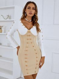 Casual Dresses Women Winter Sexy Long Sleeve Patchwork White Beige Botton Mini Bodycon Bandage Dress 2023 Elegant Party Stage Performance