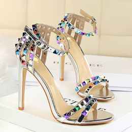 New 11cm Rivet sandals with thin heels Summer Women's shoes PVC high heels fashion stiletto nude banded Roman sandals female