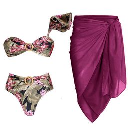 Women's Swimwear Fashion Printed One Shoulder Ruffled Bikini Set Sexy Gathered Backless Beach Strap Cover Up Elegant Women's Swimwear T230303