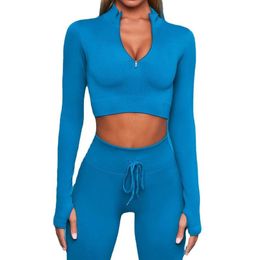 Streamline Ribbed Seamless Yoga Sets Outfit for Ladies Long Sleeve Top and Drawstring Pants