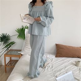 Women's Sleepwear Pyjama Set Plaid Homewear Two Piece Set Women Sleepwear Long Sleeve Tops Pants Pyjama Loose Korean Ladies Home Suit Ruffles 230303