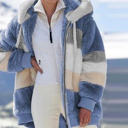 Women's Fur & Faux Winter Women Jacket Warm Plush Casual Loose Hooded Coat Mixed Colour Patchwork Outwear Zipper Ladies Parka Coa