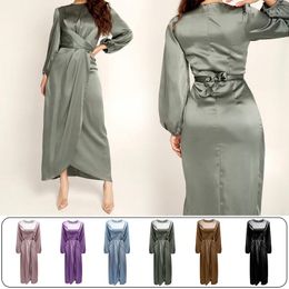 Casual Dresses Sexy Women Satin Lace Up Maxi Dress Elegant Long Sleeve Turkish Muslim Jilbab Silky Party Robe