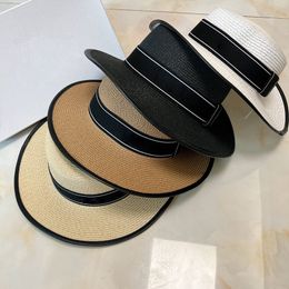 Black Ribbon White Stripe Wide Brim Hats Women Flat Top Simple Generous Straw Hats Female Party Resort Fashion Sun Hats