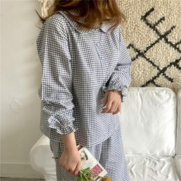 Women's Sleepwear Plaid Print Autumn Pajamas Set Women Shirts Trousers Two Piece Home Suit Homewear Cotton Korean Clothes