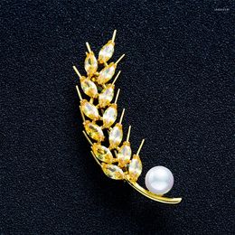 Brooches Long Wheat Ears Large Pearl For Women Gold Color CZ Crystal Marquise Zircon Pins Jewelry Party Gifts