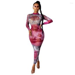 Casual Dresses Zoctuo Mesh See-Through Maxi Dress Autumn Fashion Money Print Sexy Bodycon Long Sleeve Club Paety For WomenCasual