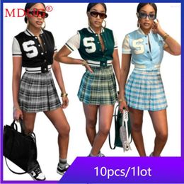 Work Dresses MDUG 10Sets Bulk Lots 2 Piece Pleated Skirt Suit Dress Sets Baseball Uniform Bomber Jacket Outftis Selling Clothing M9009