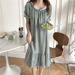 Women's Sleepwear Sweet Cherry Blossoms Sleepdress Women Nightgowns Short Sleeve Lace Cotton Mini Dress Homewear Korea Homedress Y398