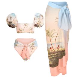 Women's Swimwear Leaves Printed Bikini Puff Sleeve Split-joint Two-piece Swimsuit Separate Bandeau and Summer Dress High Waist Swimwear Beachwear T230303