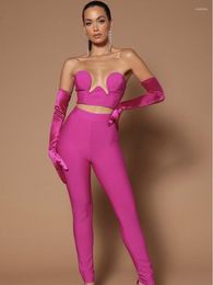 Women's Two Piece Pants 2023 Rosered Black Color Women Sexy Strapless Tops Gloves 3 Pieces Set Bandage Fashion Nightclub Party Celebrate