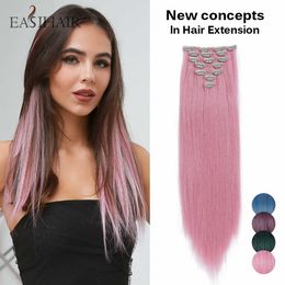 Synthetic Wigs Easihair 7pcs set Clips Long Straight Synthetic Hair in High Temperature Fibre Pink Blue Hairpiece 230227