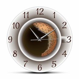 Wall Clocks Cup of Coffee with Foam Decorative Silent Wall Clock Kitchen Decor Coffee Shop Wall Sign Timepiece Cafe Style Hanging Wall Watch 230303