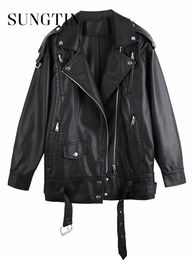 Women's Leather Faux Leather Women's Jackets Sungtin Black PU Leather Jackets Women with Belt Oversized Korean Loose Motorcycle Faux Leath