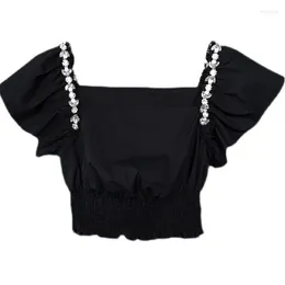 Women's T Shirts A Short Black Blouse Diamonds Female Folds Show Puff Sleeve Top Women Fashion