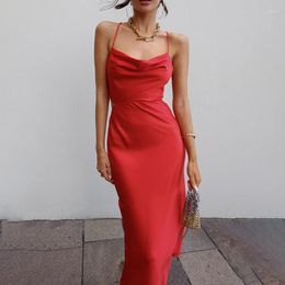 Casual Dresses Wsevypo Elegant Backless Tied Up Satin Dress Party Club Vestidos Women Sleeveless Spaghetti Strap Ruched Midi Chic Solid