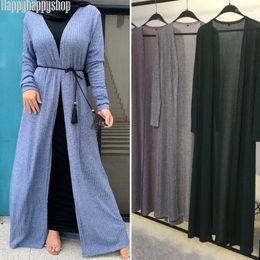 Ethnic Clothing Modesty Winter Knitted Cardigan Dress Muslim Islamic Women Open Front Abaya Kaftan Long Robe Loose Overcoat Outwear